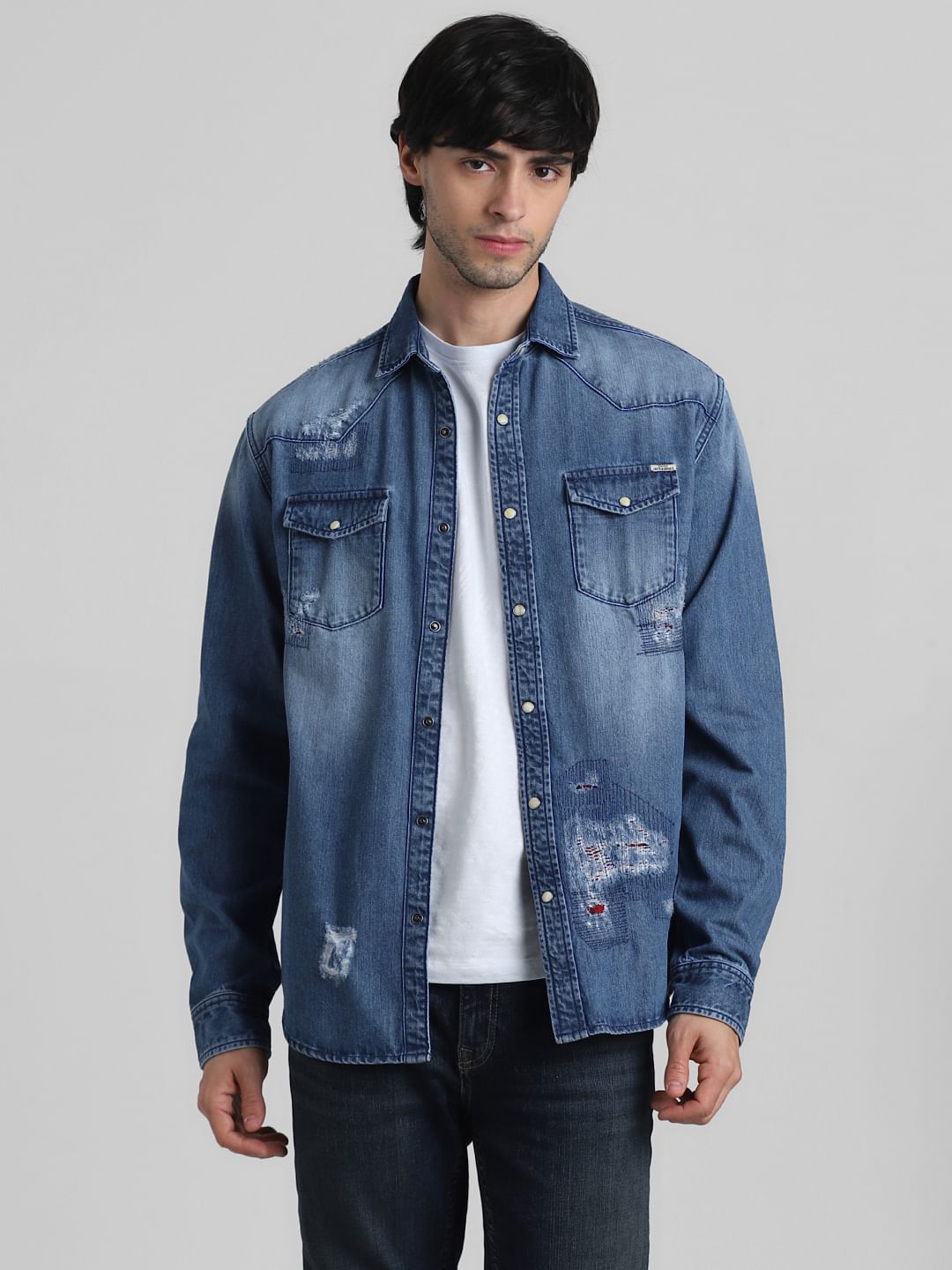 Blue Distressed Denim Shirt