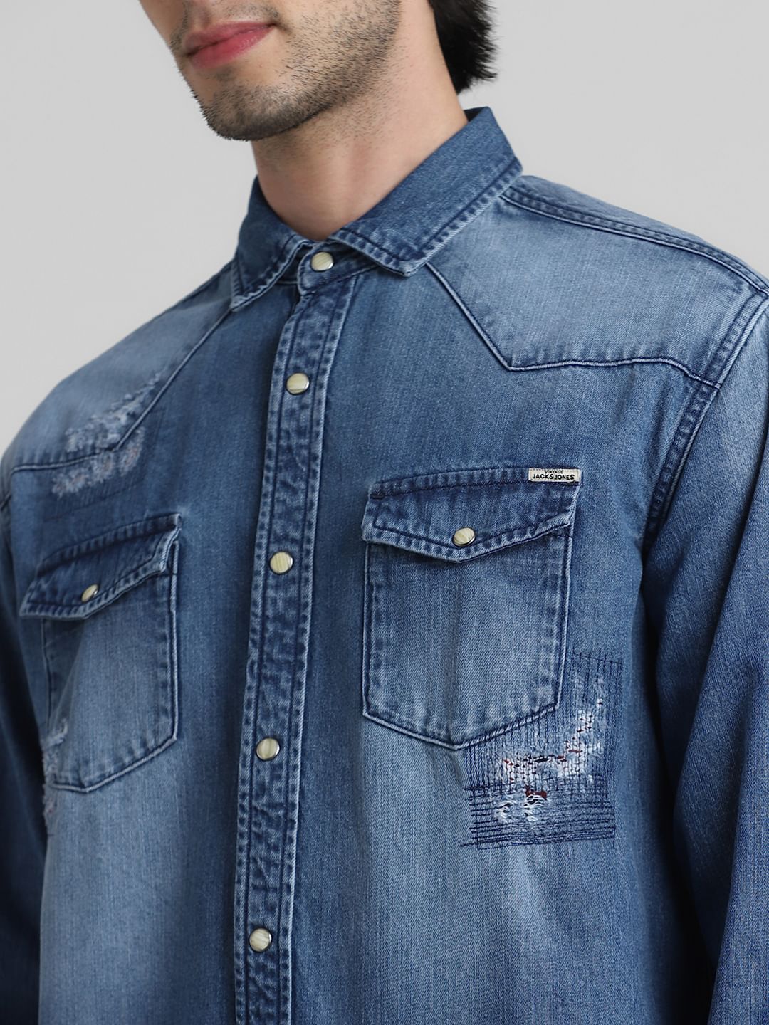 Blue Distressed Denim Shirt