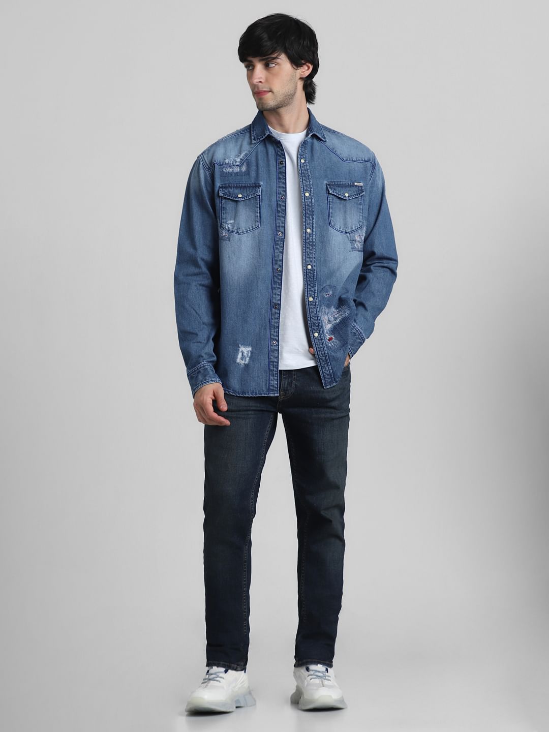 Blue Distressed Denim Shirt