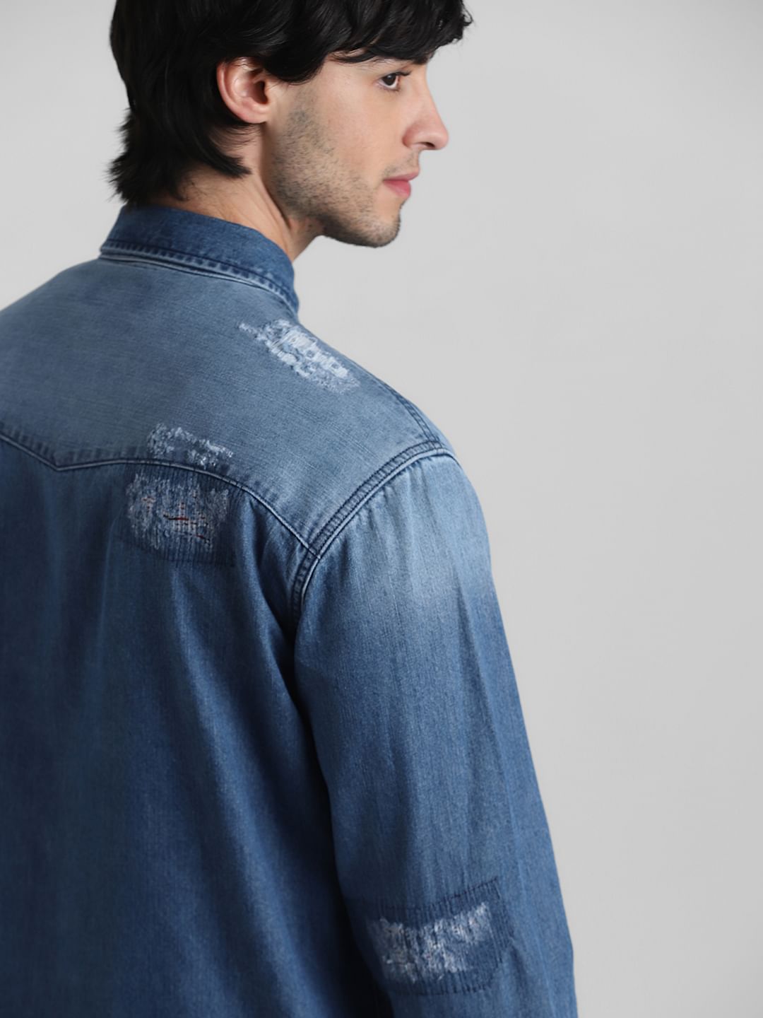 Blue Distressed Denim Shirt