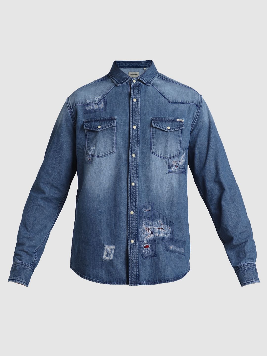 Blue Distressed Denim Shirt