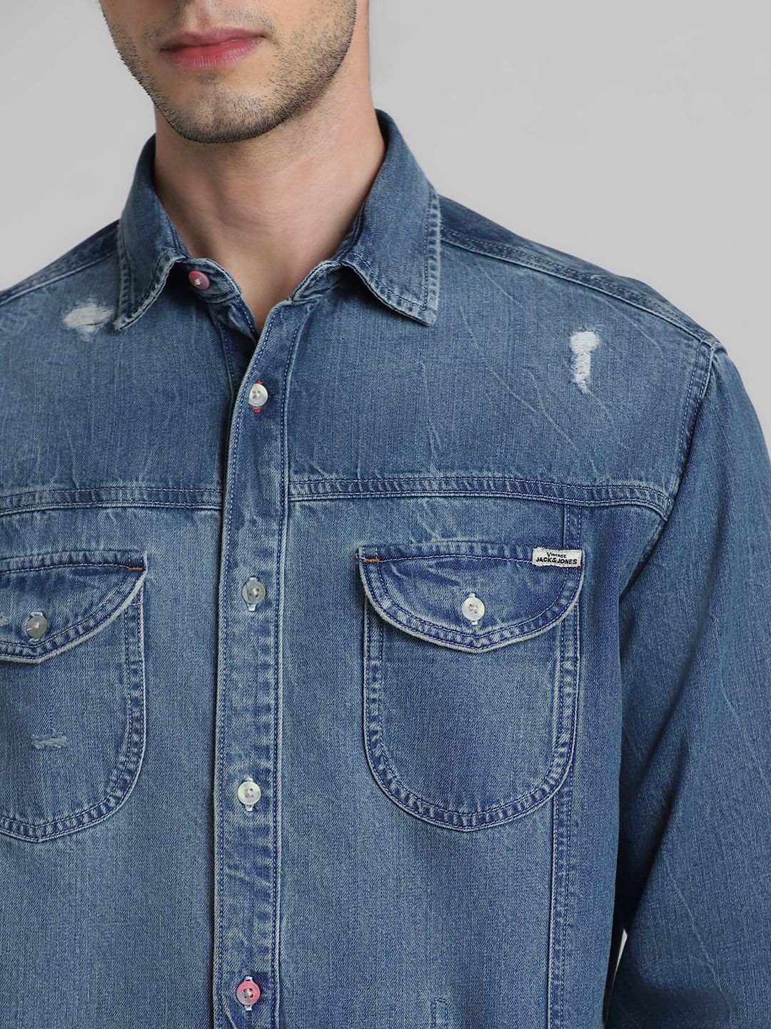 Blue Mildly Distressed Denim Shirt