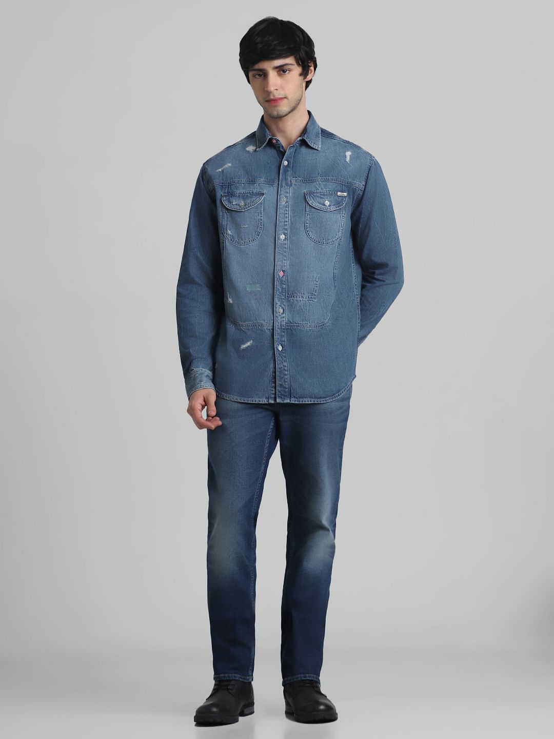 Blue Mildly Distressed Denim Shirt