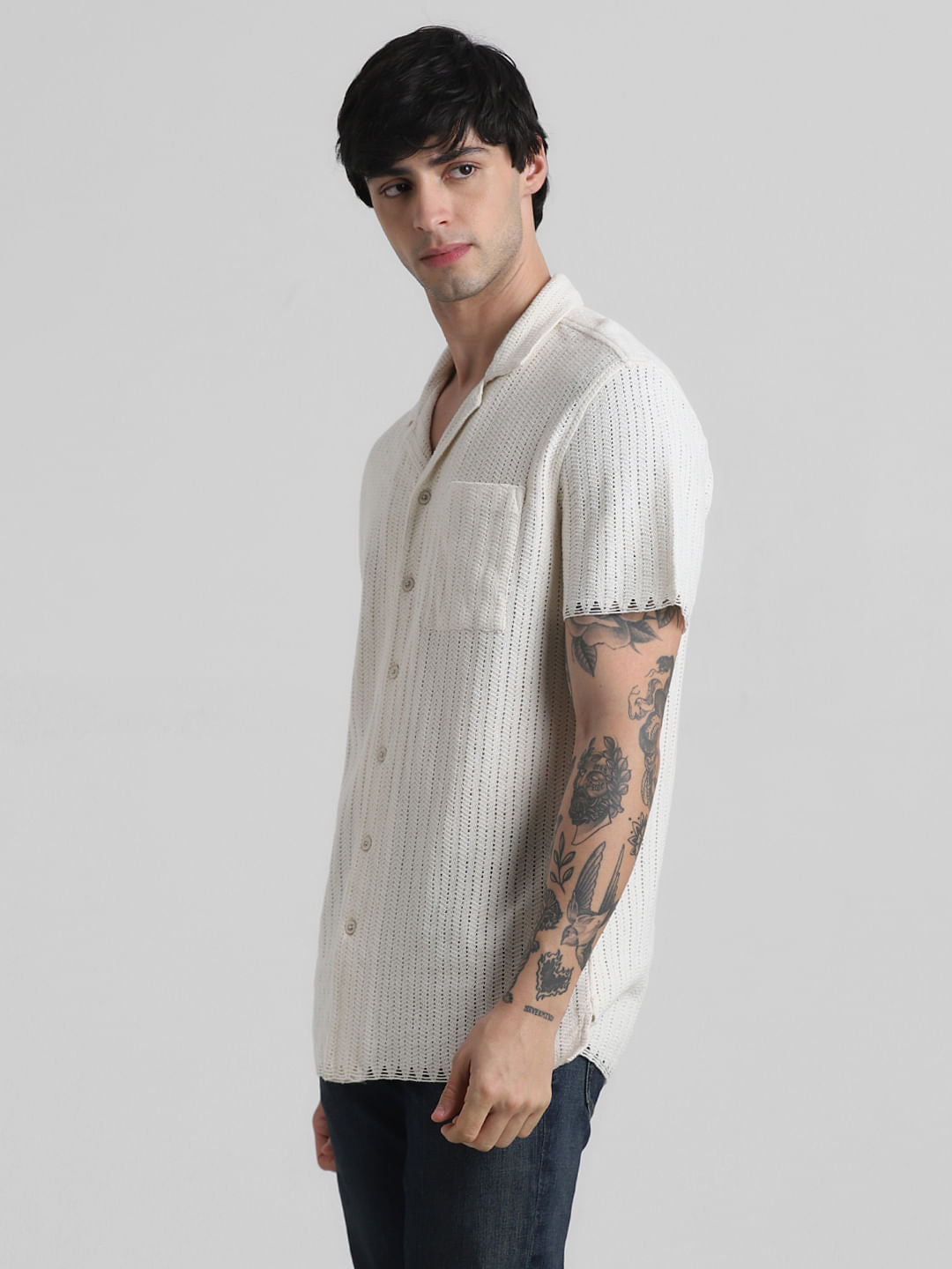 Beige Striped Short Sleeves Shirt