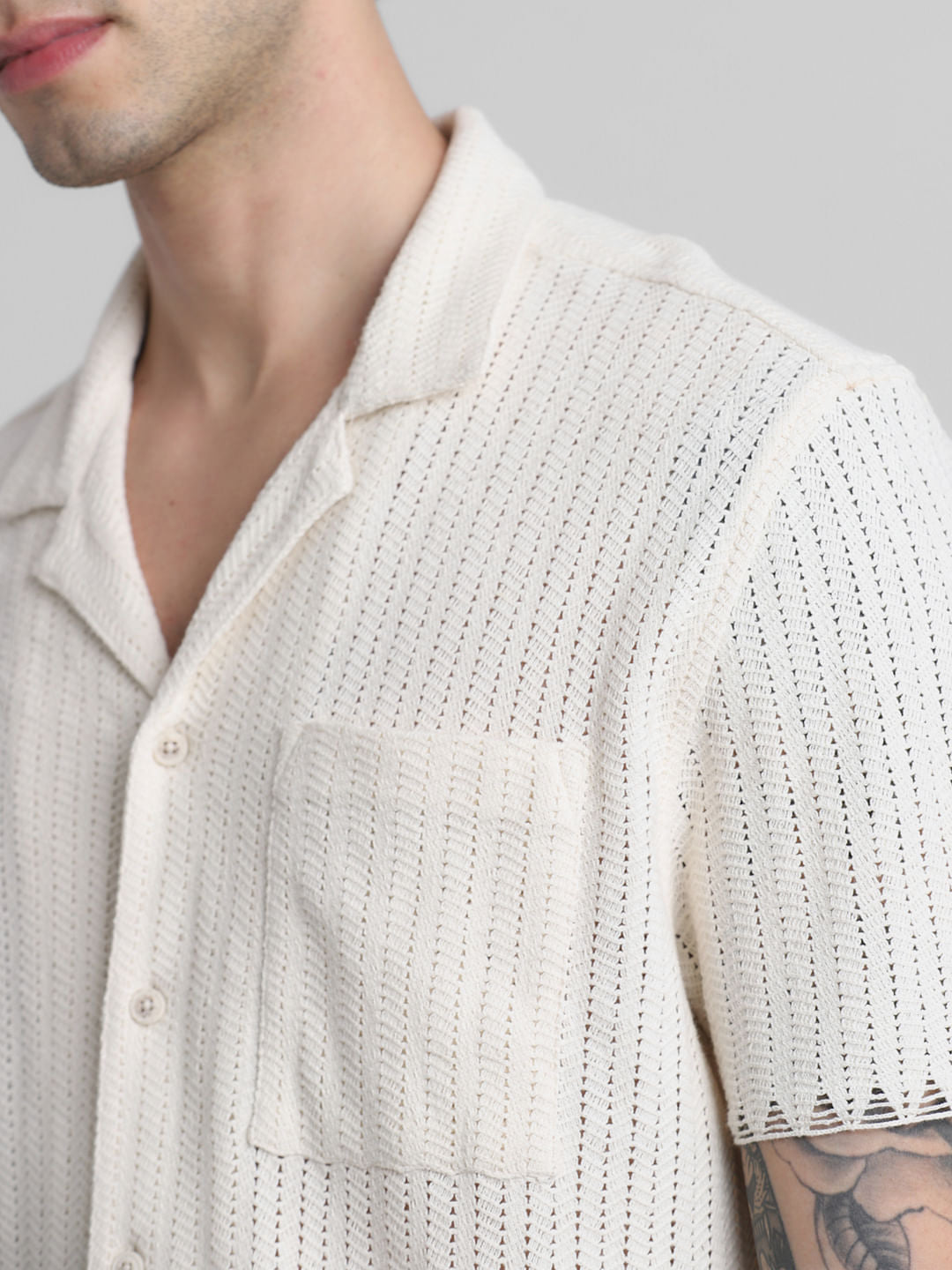 Beige Striped Short Sleeves Shirt