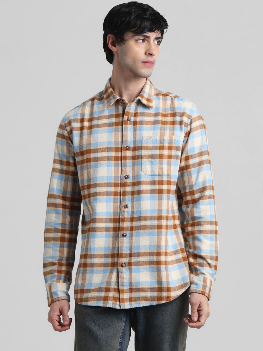 Beige Check Print Full Sleeves Shirt