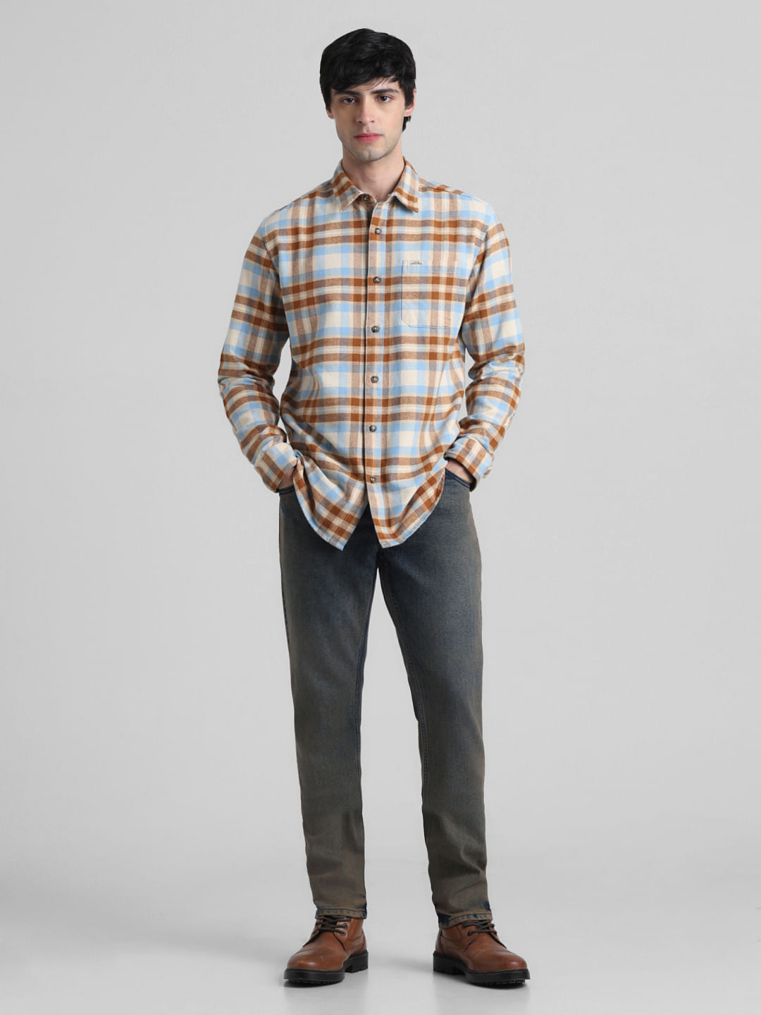 Beige Check Print Full Sleeves Shirt