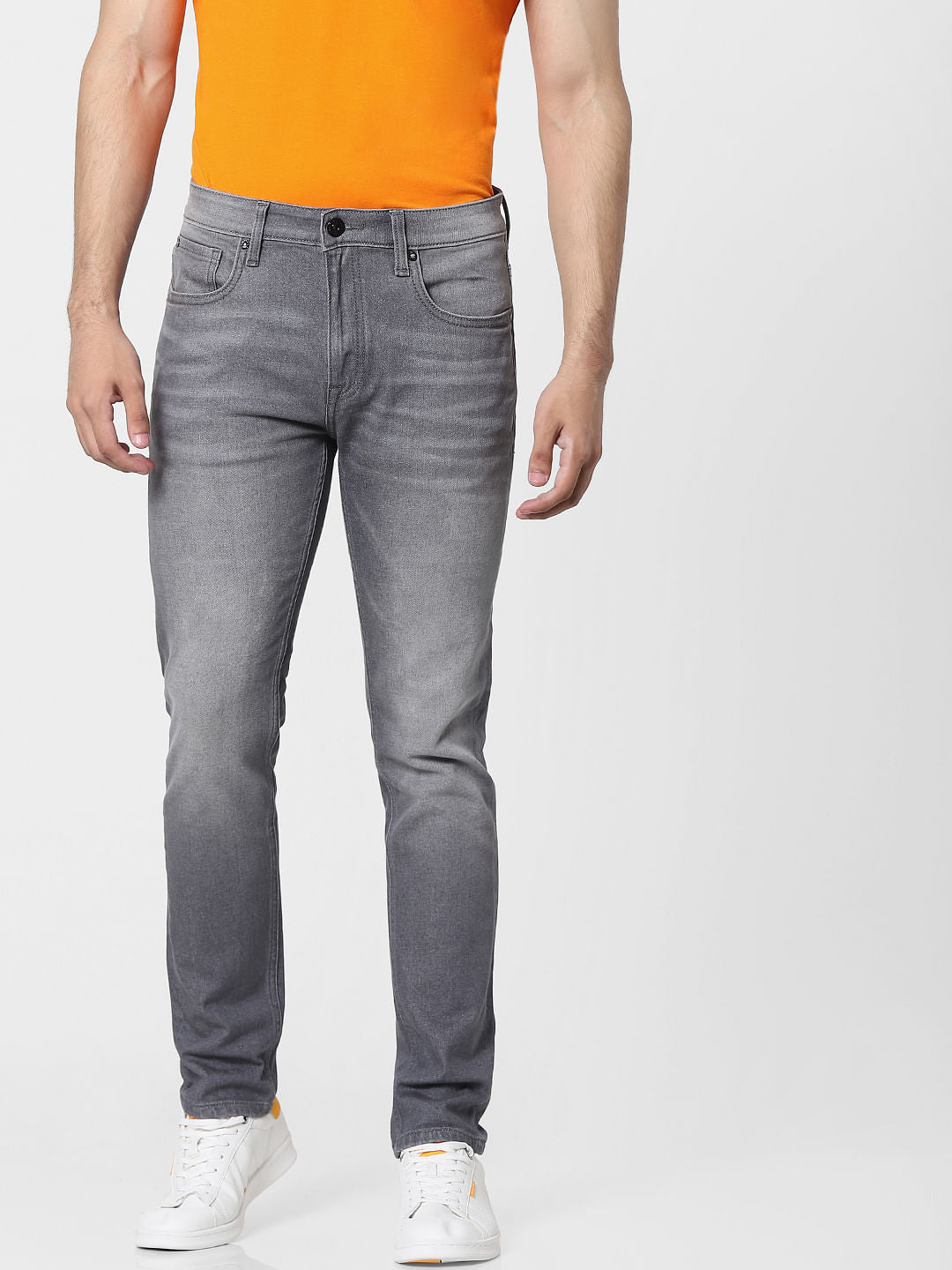 Grey Mid Rise Washed Skinny Jeans