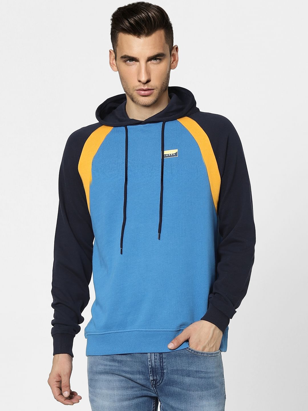 Blue Colourblocked Hooded Sweatshirt