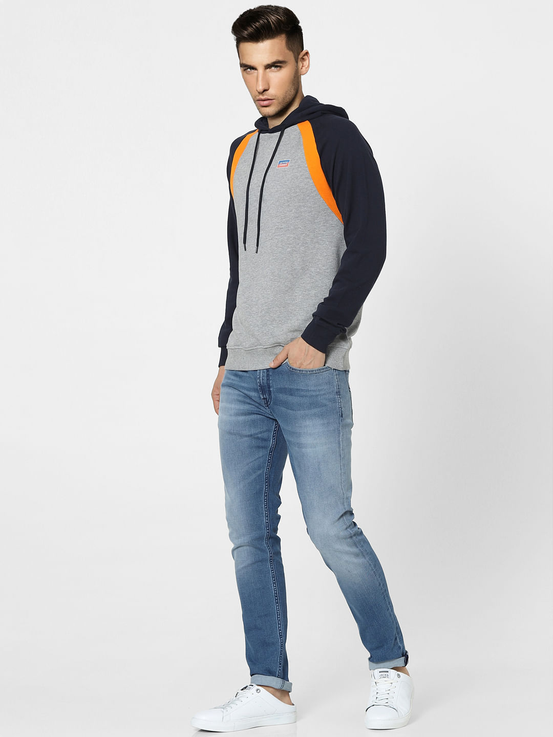 Grey Colourblocked Hooded Sweatshirt