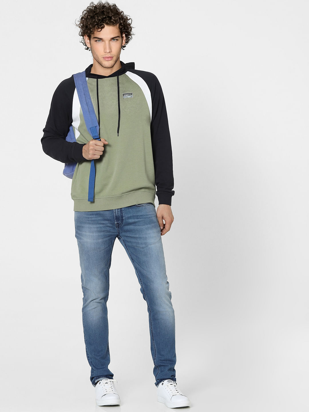 Green Colourblocked Hooded Sweatshirt