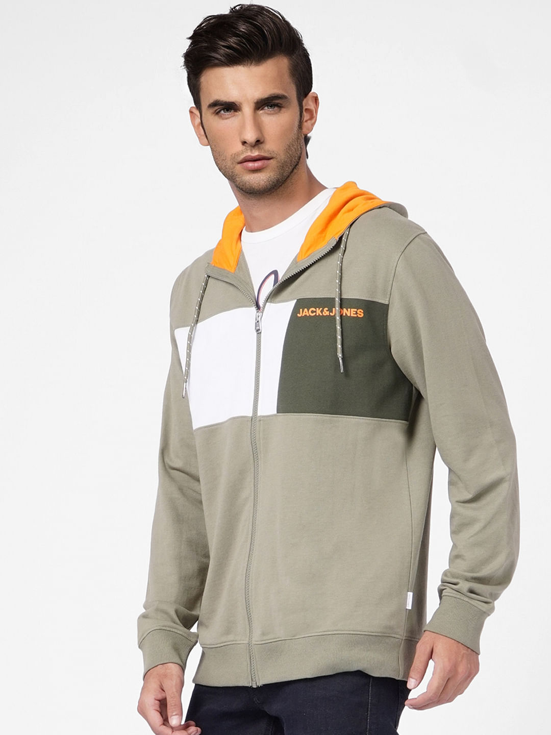 Green Colourblocked Hooded Sweatshirt