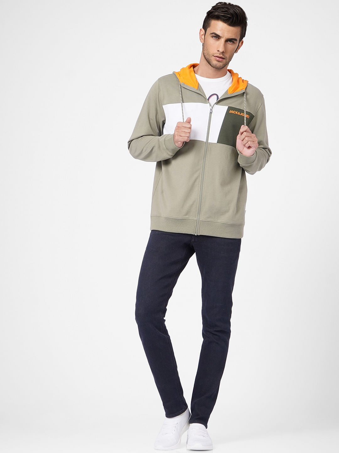 Green Colourblocked Hooded Sweatshirt
