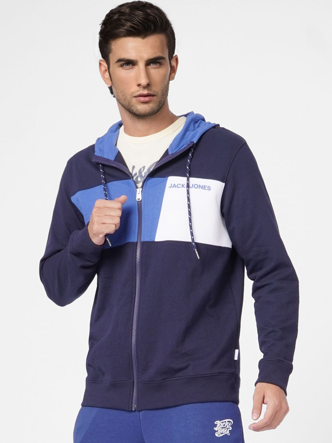 Blue Colourblocked Hooded Sweatshirt