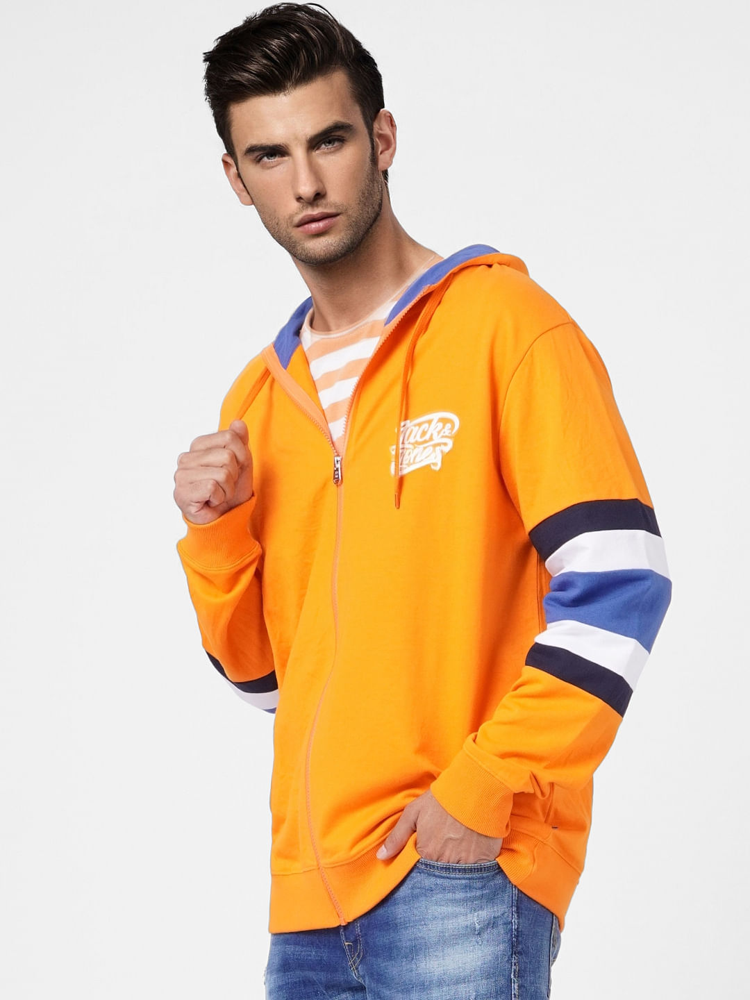 Orange Colourblocked Hooded Sweatshirt