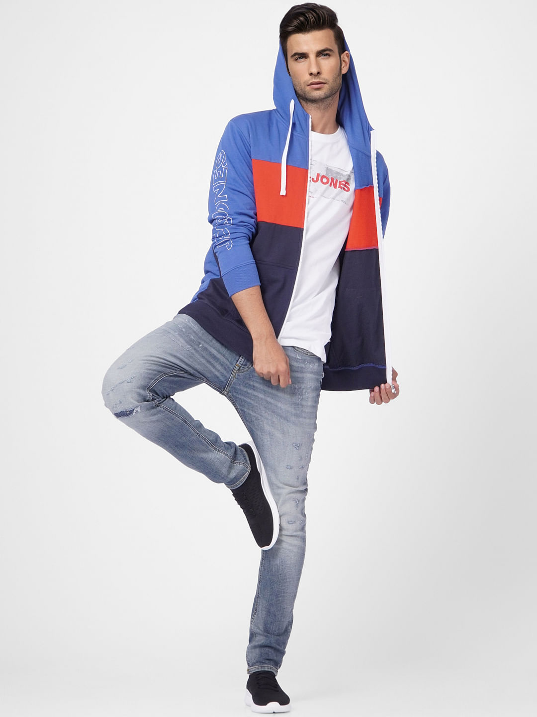 Blue Colourblocked Hooded Sweatshirt