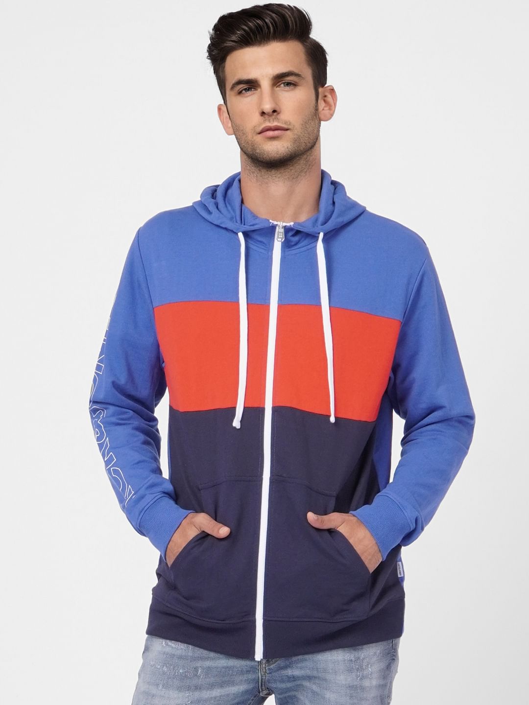 Blue Colourblocked Hooded Sweatshirt