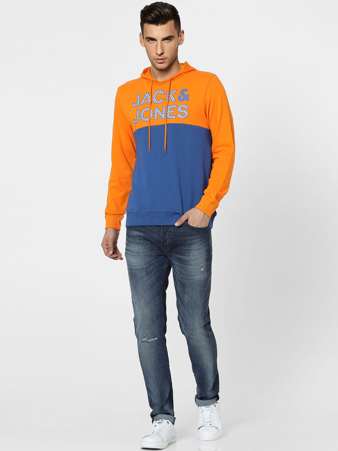 Orange Colourblocked Hooded Sweatshirt