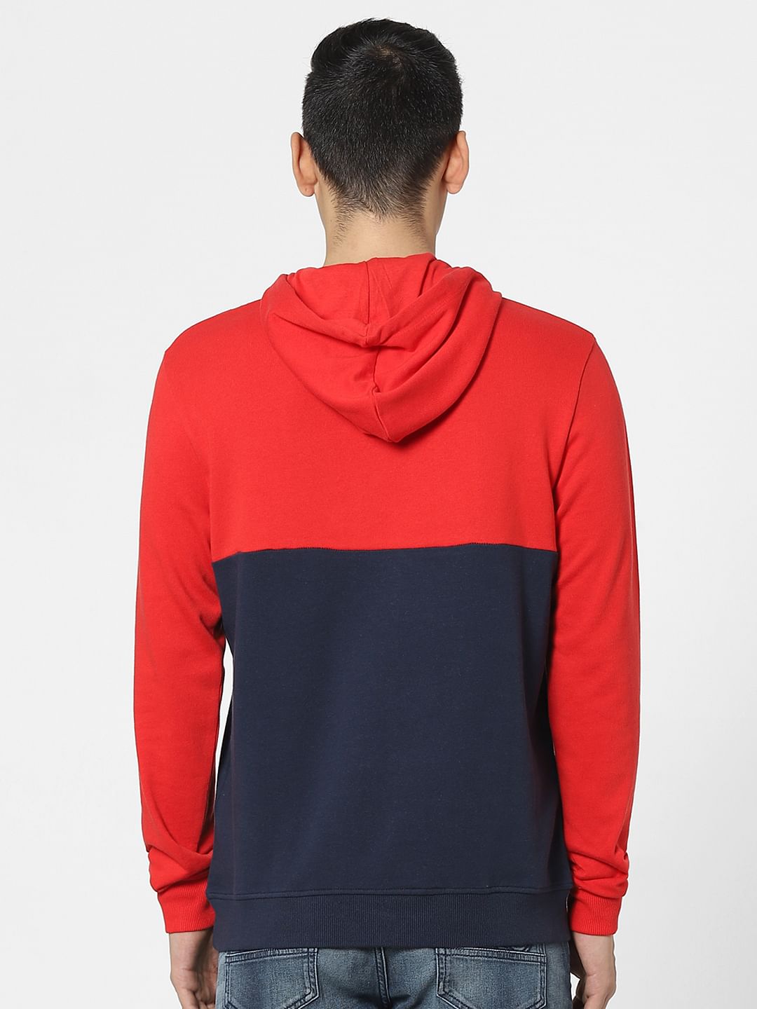 Red Colourblocked Hooded Sweatshirt