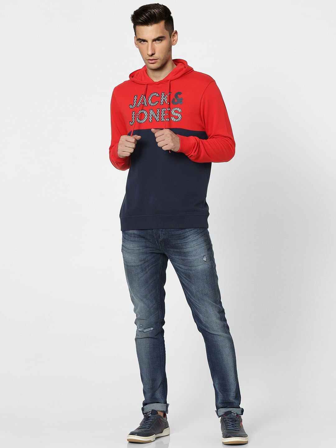Red Colourblocked Hooded Sweatshirt