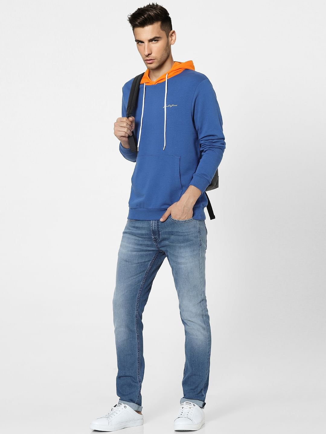 Blue Colourblocked Hooded Sweatshirt