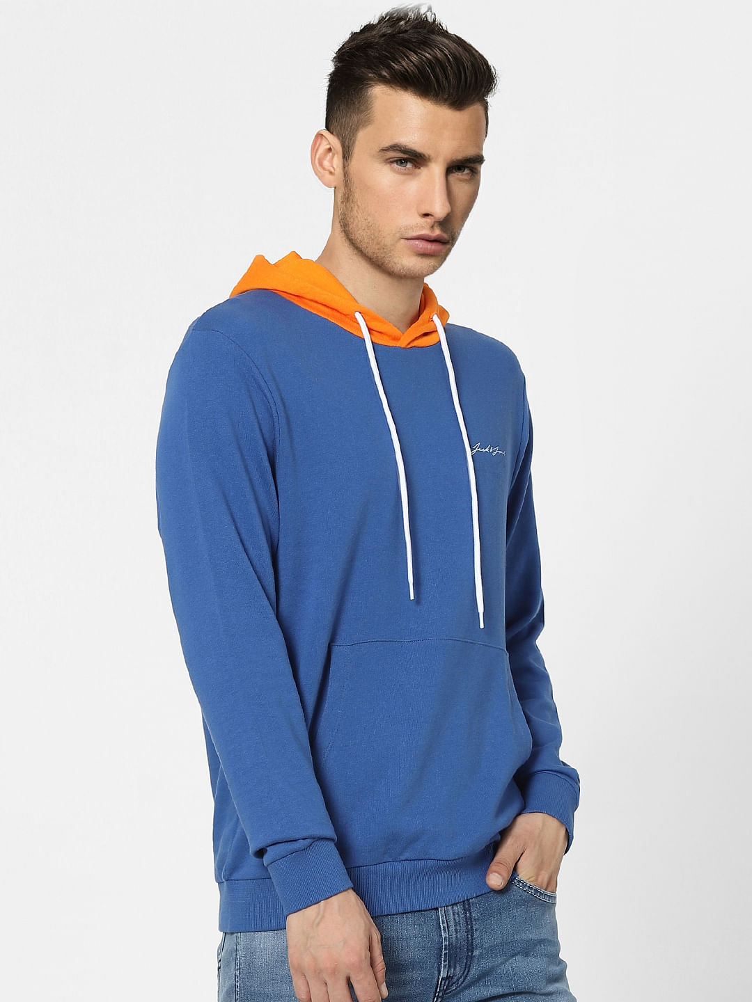 Blue Colourblocked Hooded Sweatshirt
