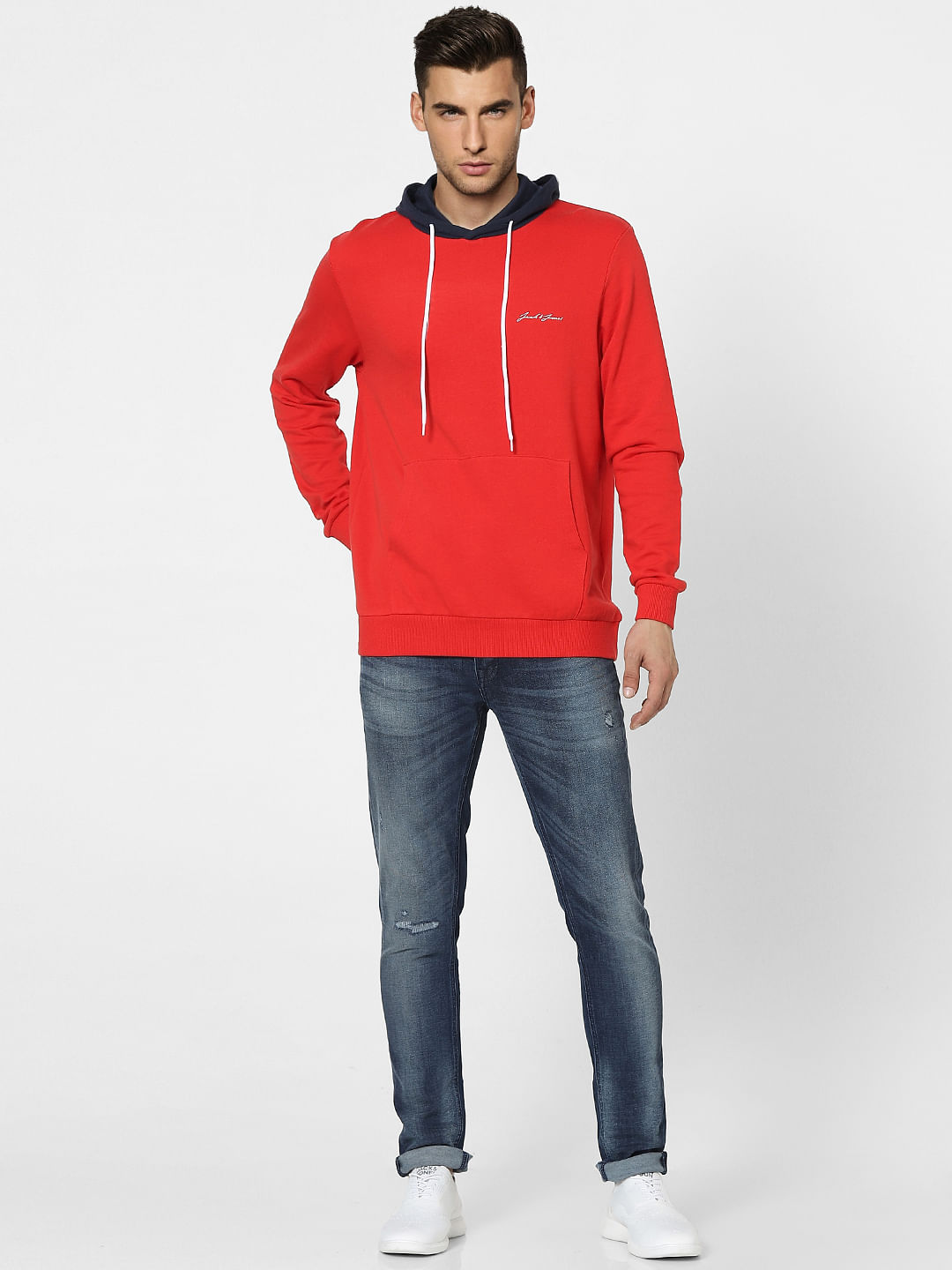Red Colourblocked Hooded Sweatshirt