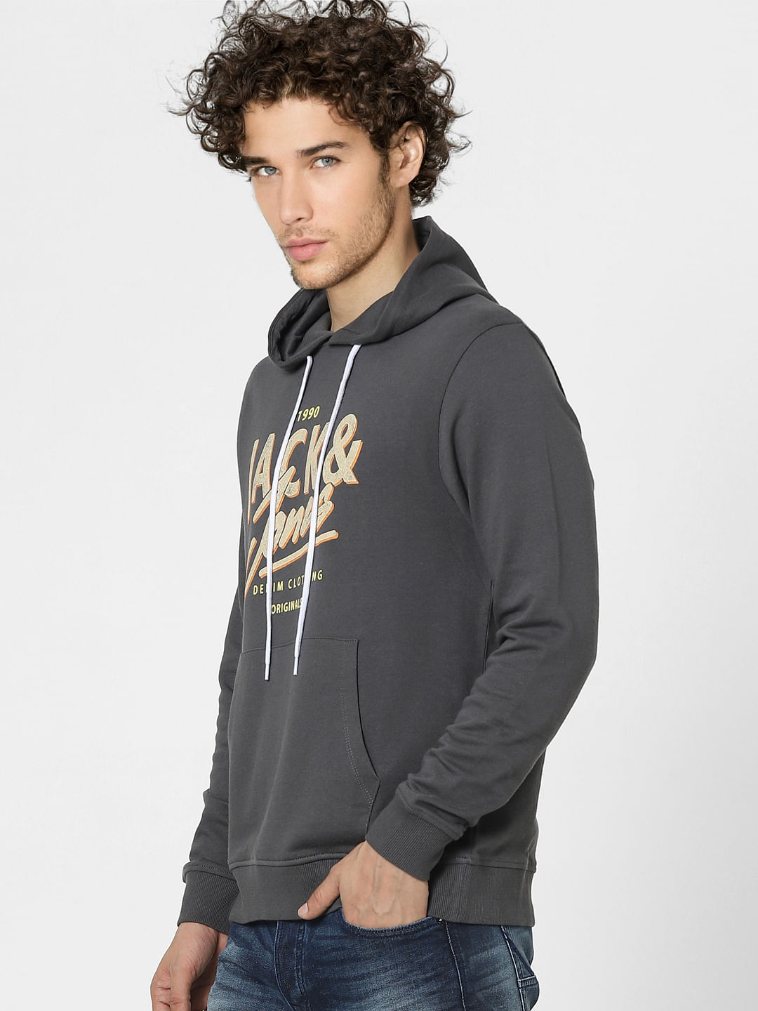 Grey Graphic Print Hooded Sweatshirt