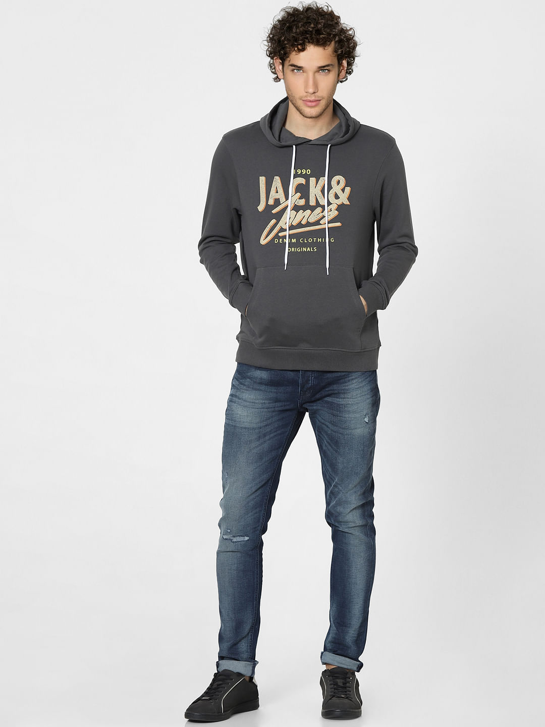 Grey Graphic Print Hooded Sweatshirt