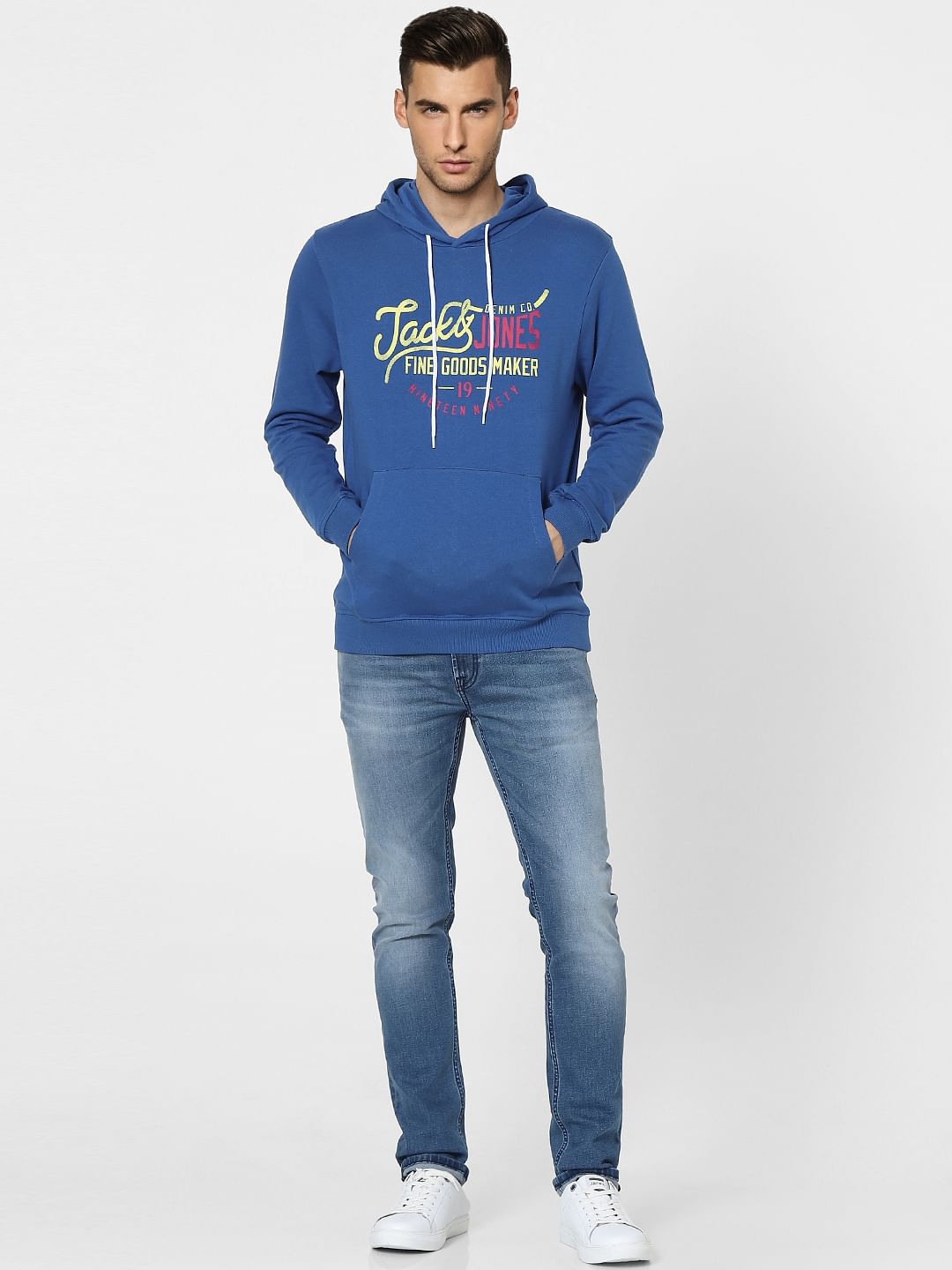 Blue Graphic Print Hooded Sweatshirt