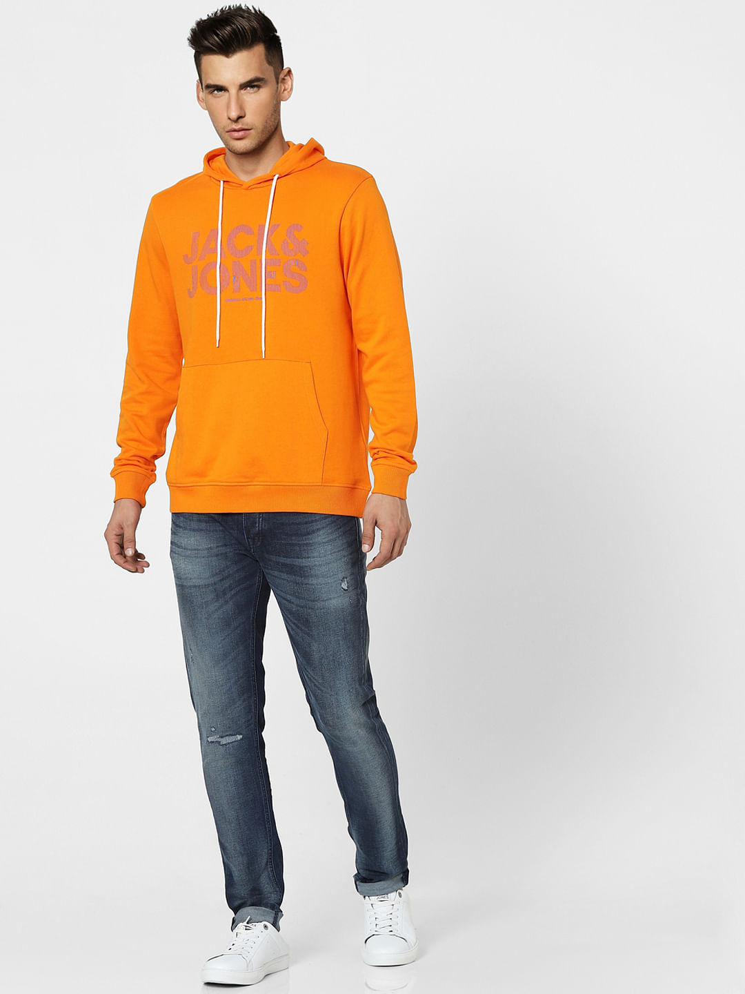 Orange Graphic Print Hooded Sweatshirt