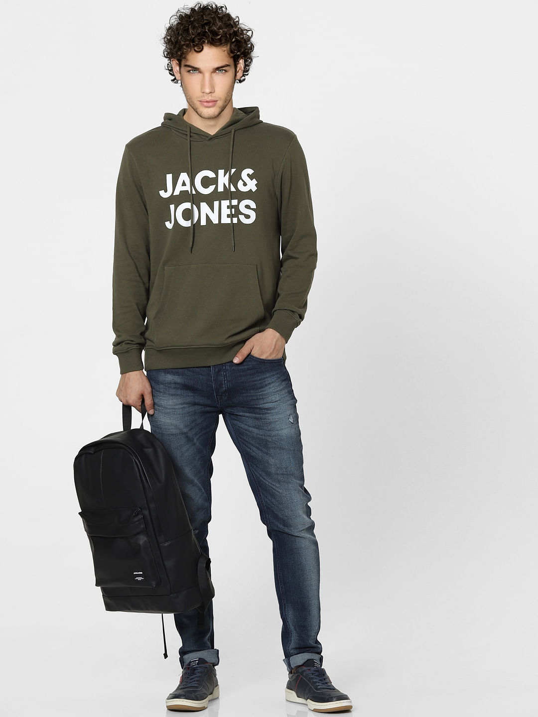 Olive Green Logo Print Hooded Sweatshirt