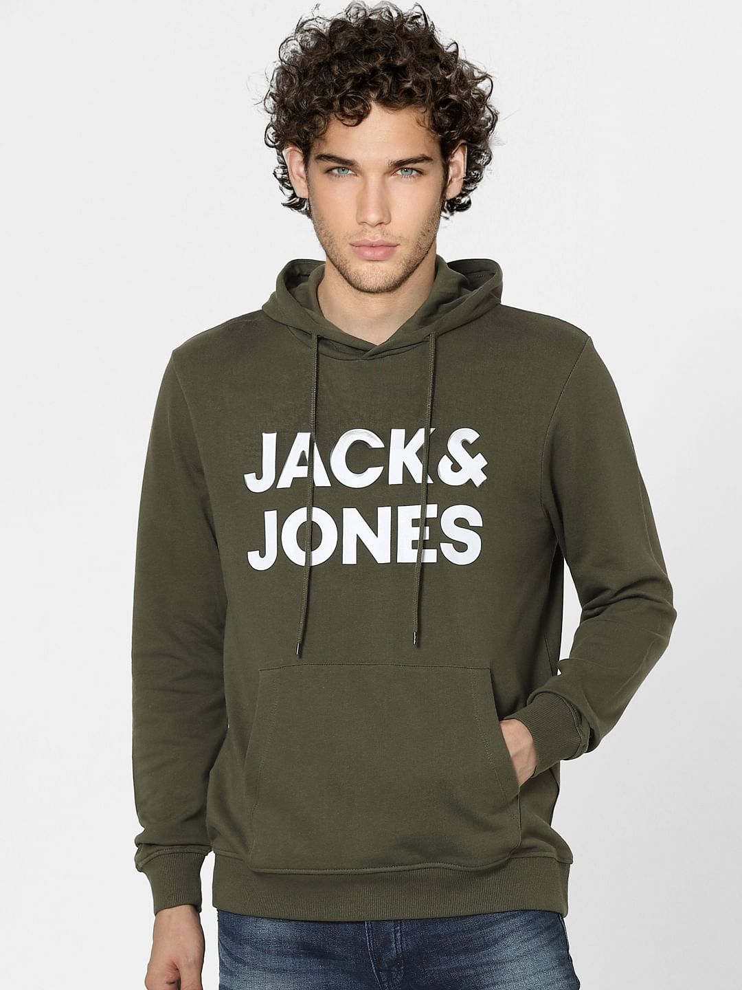 Olive Green Logo Print Hooded Sweatshirt