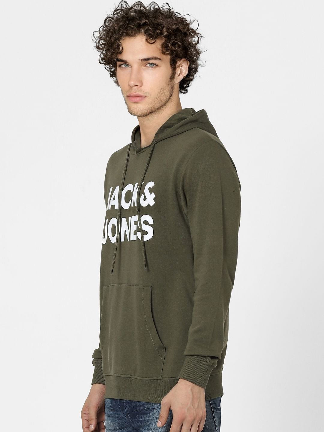 Olive Green Logo Print Hooded Sweatshirt
