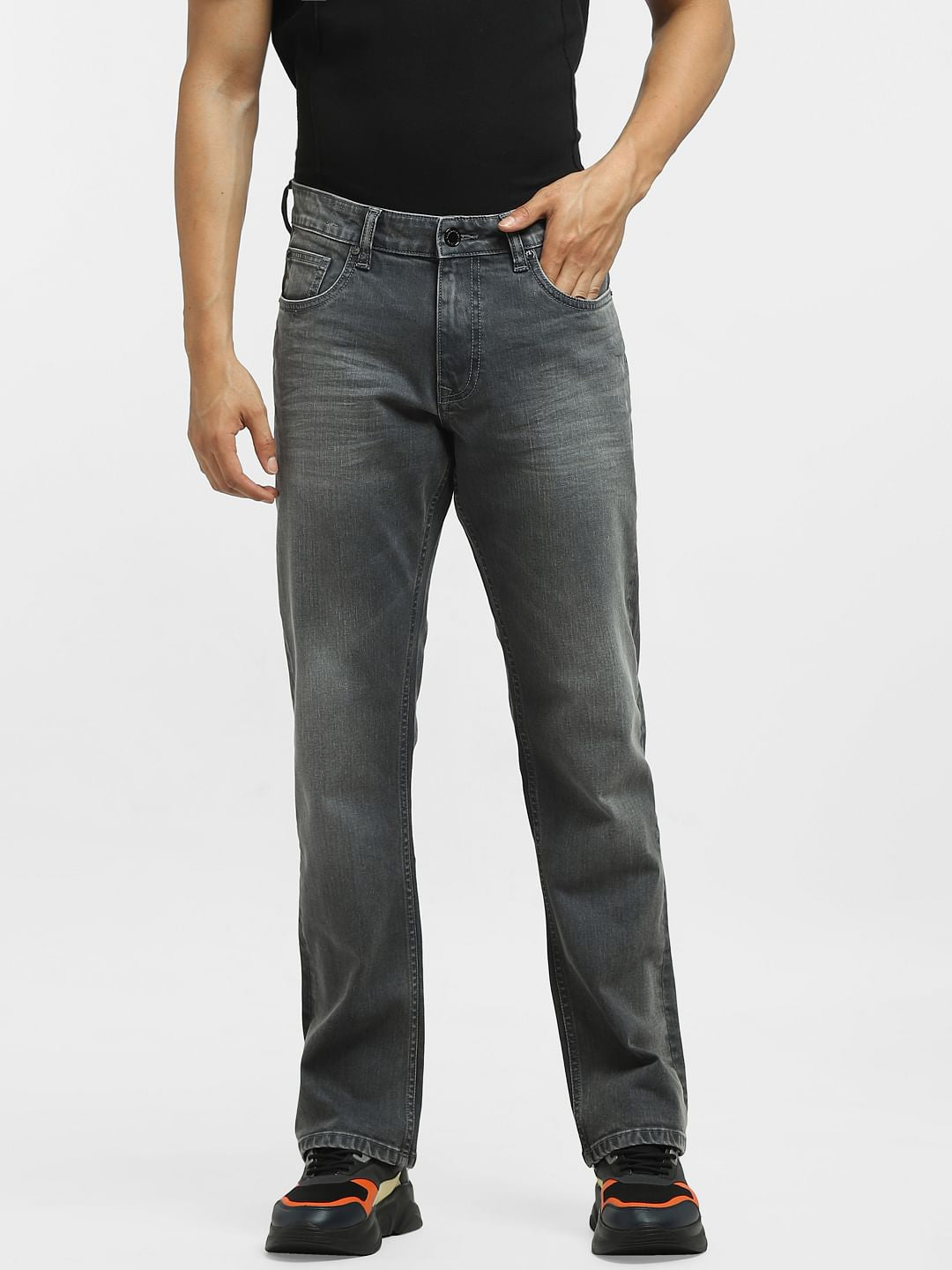 Grey Mid Rise Clark Regular Fit Jeans