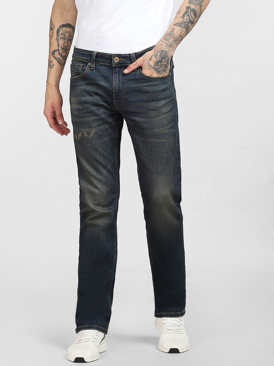 Dark Blue Mid Rise Washed Regular Jeans
