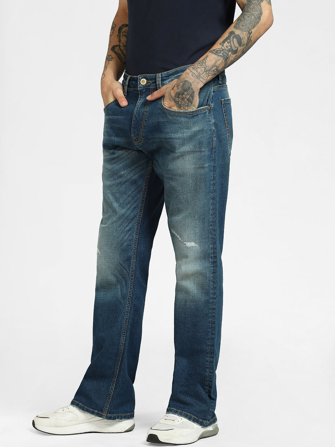 Blue High Rise Distressed Bootcut Jeans