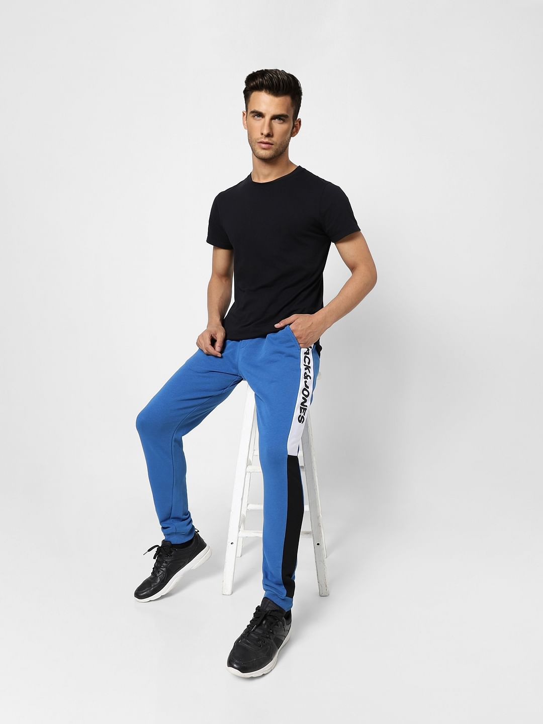 Blue Mid Rise Tape Detail Sweatpants