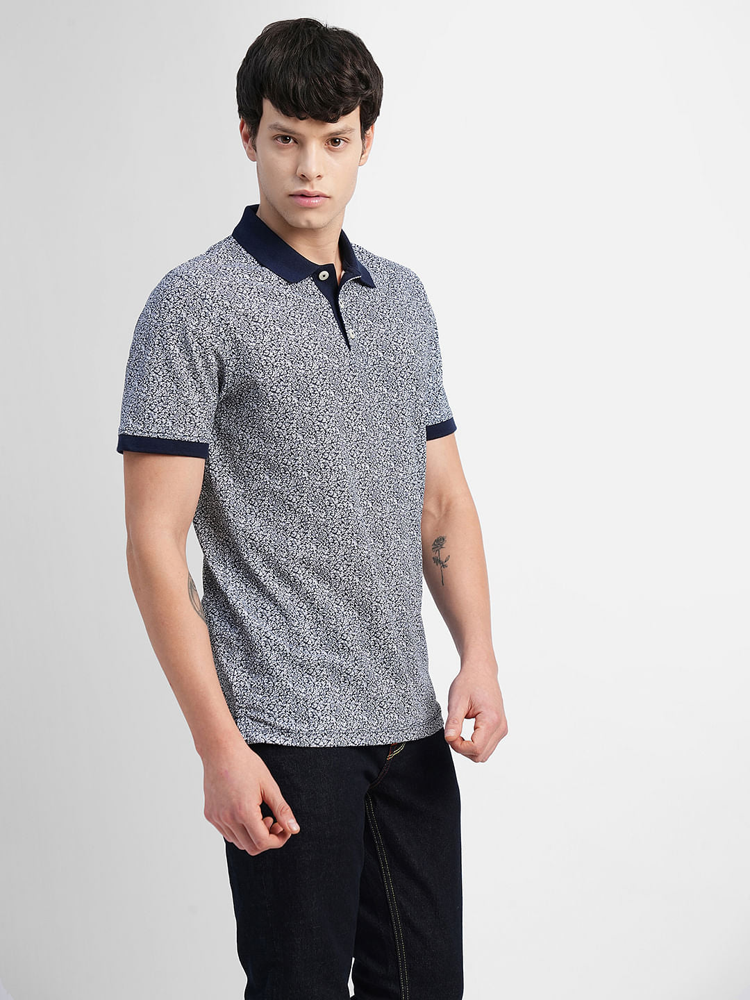 Navy Blue Printed Polo Neck T-shirt