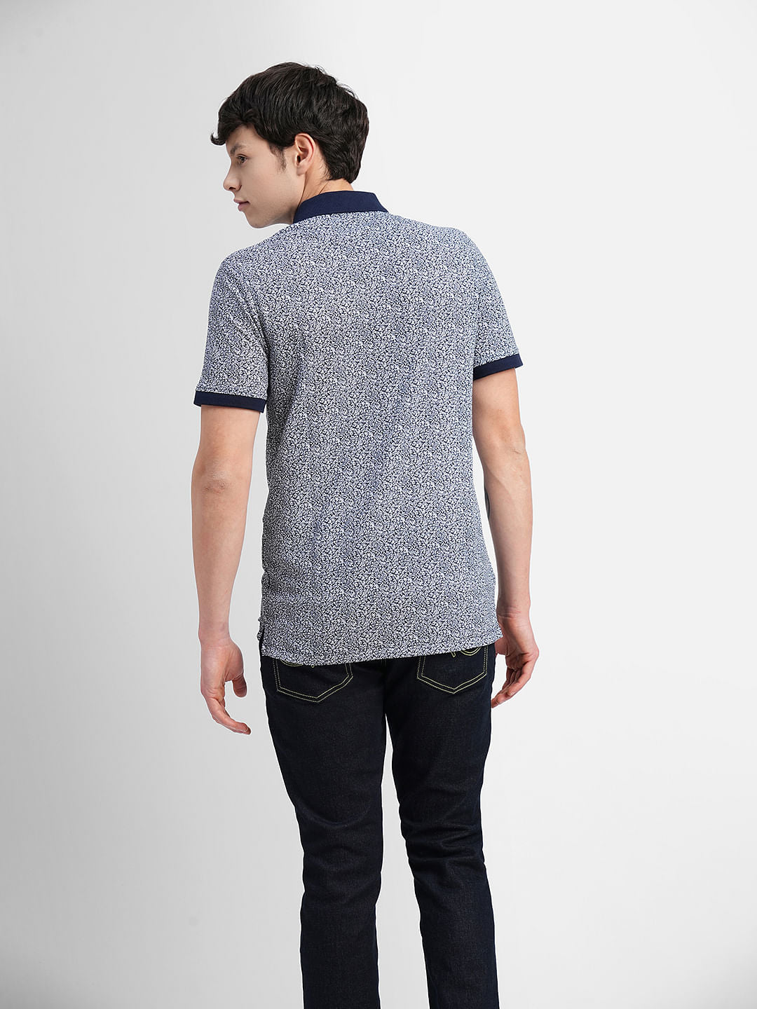 Navy Blue Printed Polo Neck T-shirt