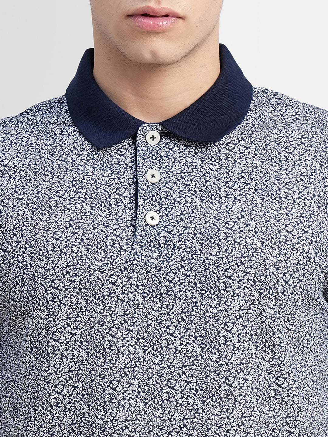 Navy Blue Printed Polo Neck T-shirt