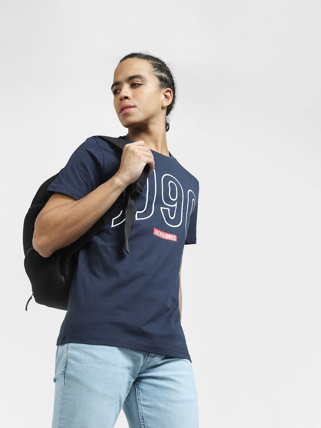 Navy Blue Logo Print Crew Neck T-shirt