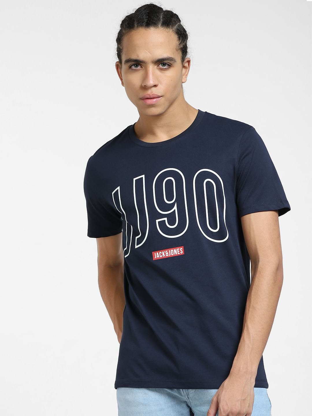 Navy Blue Logo Print Crew Neck T-shirt
