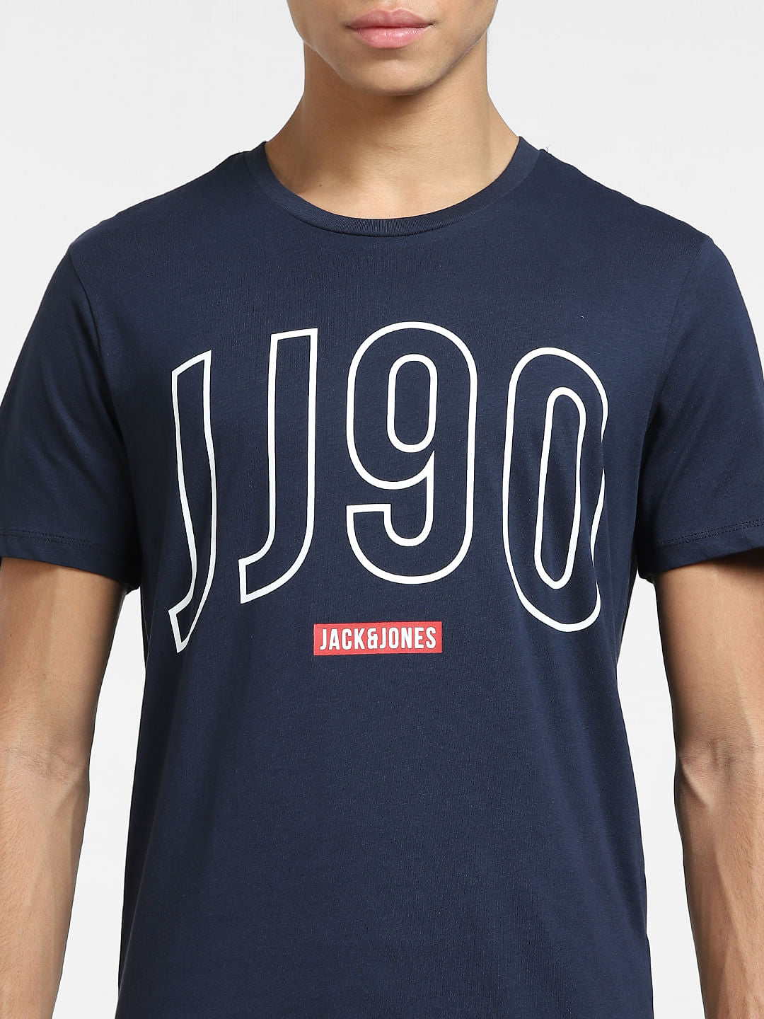 Navy Blue Logo Print Crew Neck T-shirt