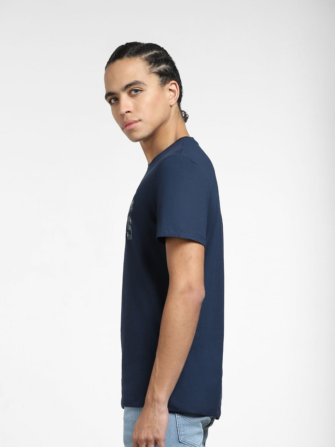 Navy Blue Logo Print Crew Neck T-shirt