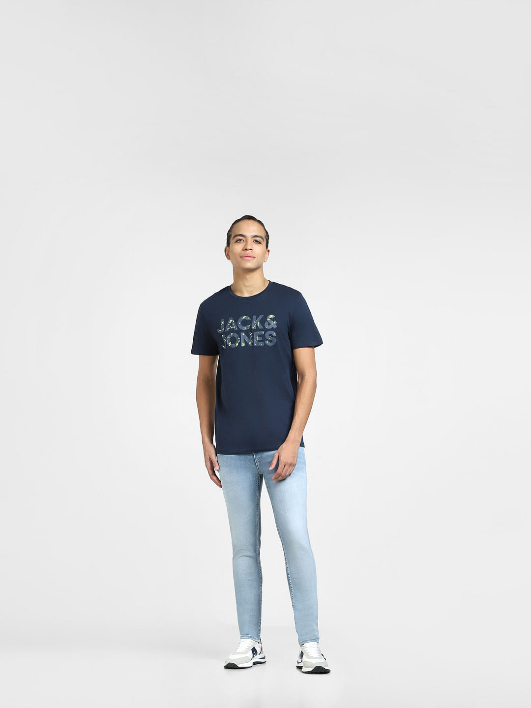 Navy Blue Logo Print Crew Neck T-shirt