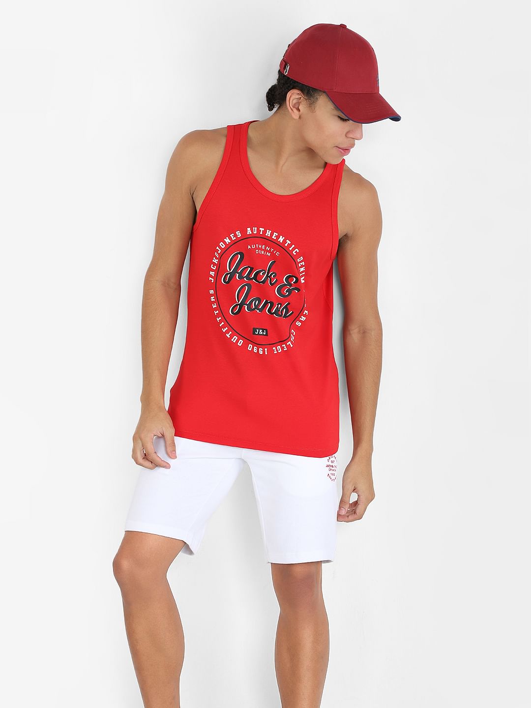 Red Typographic Print T-shirt Vest
