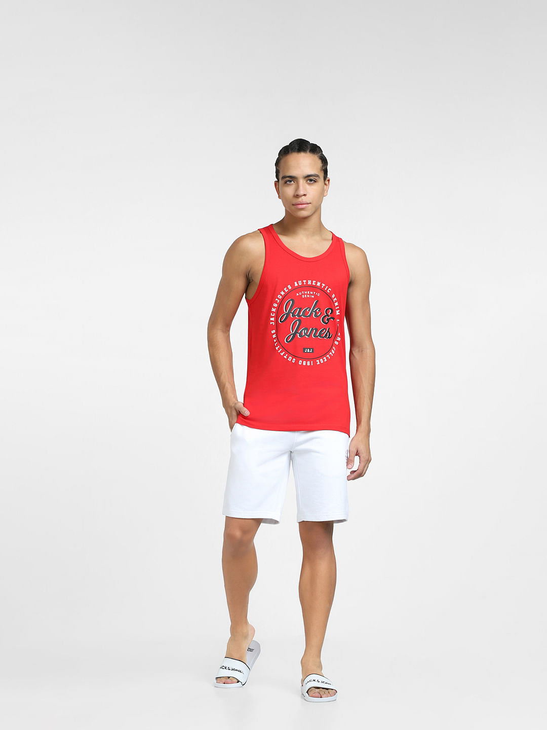Red Typographic Print T-shirt Vest