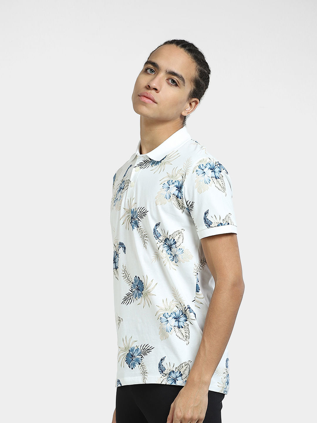 White Tropical Print Polo T-shirt