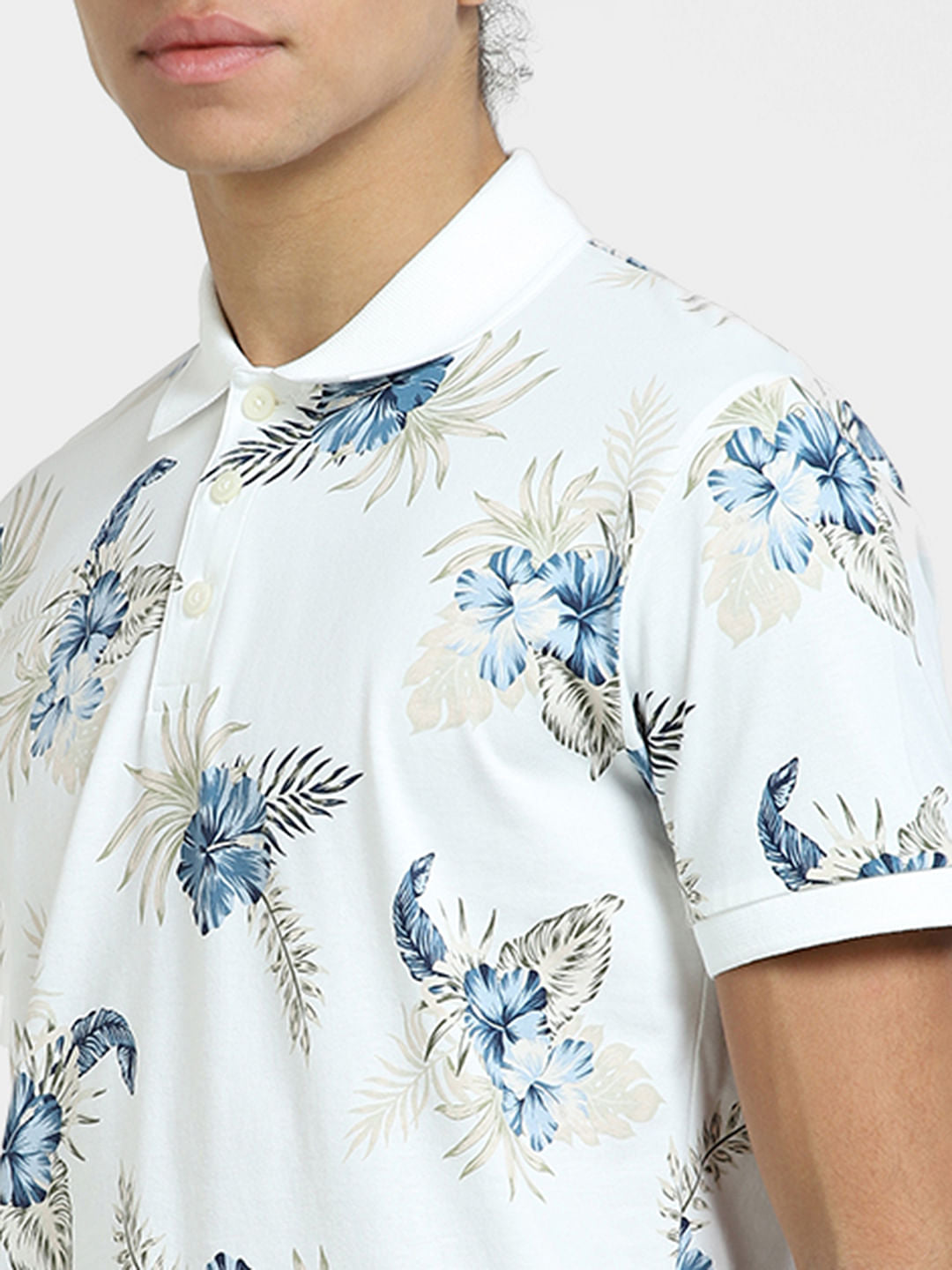 White Tropical Print Polo T-shirt
